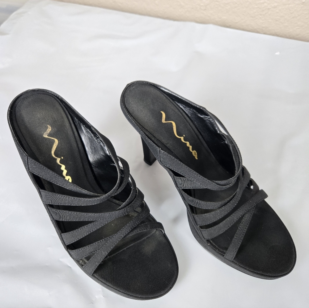 Nina Black French Peau Strappy Heels Size 6M Pre-Owned In Original Box #2A1427